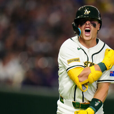 TOKYO, JAPAN - MARCH 05: Travis Bazzana #64 of Team Australia reacts after hitting a solo home run in the seventh inning during the 2026 World Baseball Classic Pool C game presented by dip between Team Chinese Taipei and Team Australia at Tokyo Dome on Thursday, March 5, 2026 in Tokyo, Japan. (Photo by Daniel Shirey/WBCI/MLB Photos via Getty Images)