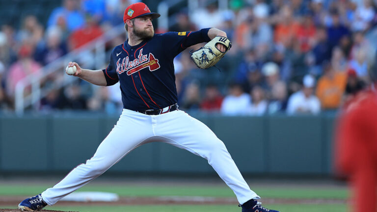 NORTH PORT, FL - MARCH 14: Bryce Elder #55 of the Atlanta Braves delivers a pitch during the spring training game between the Boston Red Sox and the Atlanta Braves on March 14, 2026 at CoolToday Park in North Port, FL. (Photo by Jeff Robinson/Icon Sportswire via Getty Images)