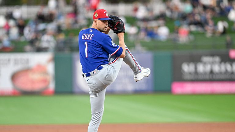 SURPRISE, ARIZONA - MARCH 05, 2026: MacKenzie Gore #1 of the Texas Rangers throws a pitch during the first inning of a spring training game against the Kansas City Royals at Surprise Stadium on March 05, 2026 in Surprise, Arizona. (Photo by David Durochik/Diamond Images via Getty Images)