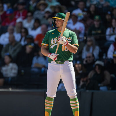 LAS VEGAS, NEVADA - MARCH 8: Nick Kurtz #16 of the Athletics bats during a spring training game against the Los Angeles Angels at Las Vegas Ballpark on March 8, 2026 in Las Vegas, Nevada. (Photo by Justine Willard/Athletics/Getty Images)