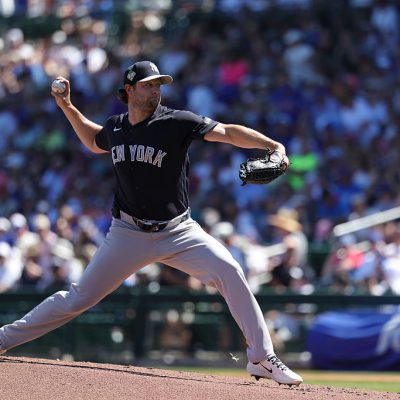 MESA, AZ - MARCH 24: Gerrit Cole #45 of the New York Yankees pitches during the game between the New York Yankees and the Chicago Cubs at Sloan Park on Tuesday, March 24, 2026 in Mesa, Arizona. (Photo by Julia Jacome/MLB Photos via Getty Images)