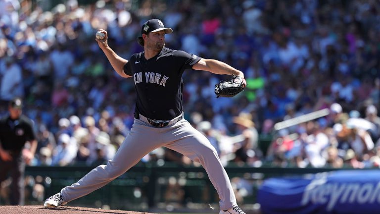 MESA, AZ - MARCH 24: Gerrit Cole #45 of the New York Yankees pitches during the game between the New York Yankees and the Chicago Cubs at Sloan Park on Tuesday, March 24, 2026 in Mesa, Arizona. (Photo by Julia Jacome/MLB Photos via Getty Images)