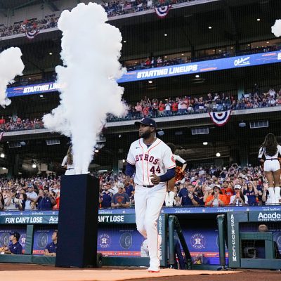 HOUSTON, TX - MARCH 26: Yordan Alvarez #44 of the Houston Astros takes the field during player introductions prior to the game between the Los Angeles Angels and the Houston Astros at Daikin Park on Thursday, March 26, 2026 in Houston, Texas. (Photo by Kevin M. Cox/MLB Photos via Getty Images)