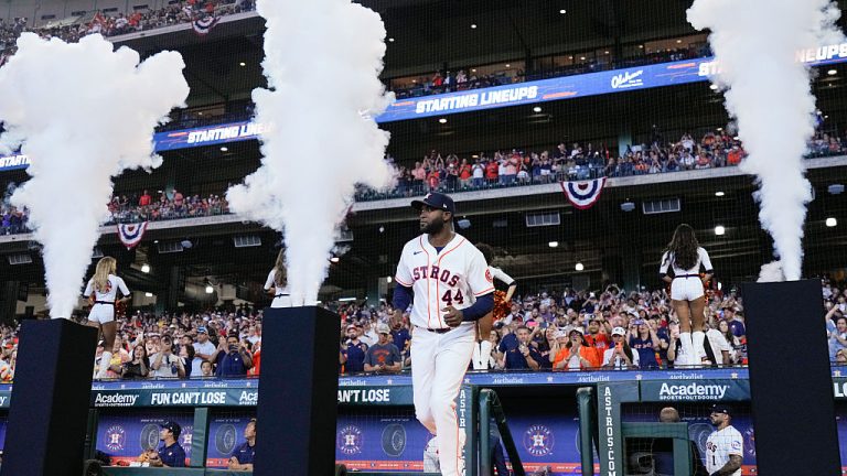 HOUSTON, TX - MARCH 26: Yordan Alvarez #44 of the Houston Astros takes the field during player introductions prior to the game between the Los Angeles Angels and the Houston Astros at Daikin Park on Thursday, March 26, 2026 in Houston, Texas. (Photo by Kevin M. Cox/MLB Photos via Getty Images)