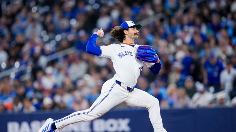 TORONTO, CANADA - MARCH 28: Dylan Cease #84 of the Toronto Blue Jays pitches against the Athletics during the first inning in their MLB game at the Rogers Centre on March 28, 2026 in Toronto, Ontario, Canada. (Photo by Mark Blinch/Getty Images)
