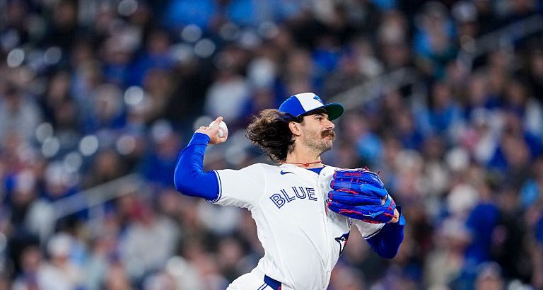 TORONTO, CANADA - MARCH 28: Dylan Cease #84 of the Toronto Blue Jays pitches against the Athletics during the first inning in their MLB game at the Rogers Centre on March 28, 2026 in Toronto, Ontario, Canada. (Photo by Mark Blinch/Getty Images)
