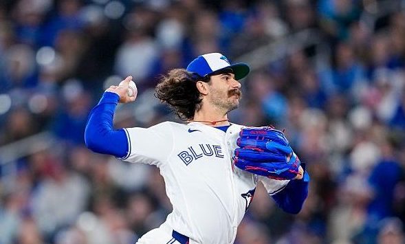TORONTO, CANADA - MARCH 28: Dylan Cease #84 of the Toronto Blue Jays pitches against the Athletics during the first inning in their MLB game at the Rogers Centre on March 28, 2026 in Toronto, Ontario, Canada. (Photo by Mark Blinch/Getty Images)