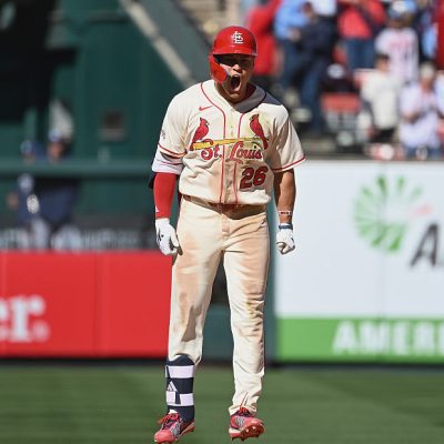 ST LOUIS, MISSOURI - MARCH 28: JJ Wetherholt #26 of the St. Louis Cardinals celebrates after hitting a walk-off two run single against the Tampa Bay Rays in the tenth inning at Busch Stadium on March 28, 2026 in St Louis, Missouri. (Photo by Joe Puetz/Getty Images)