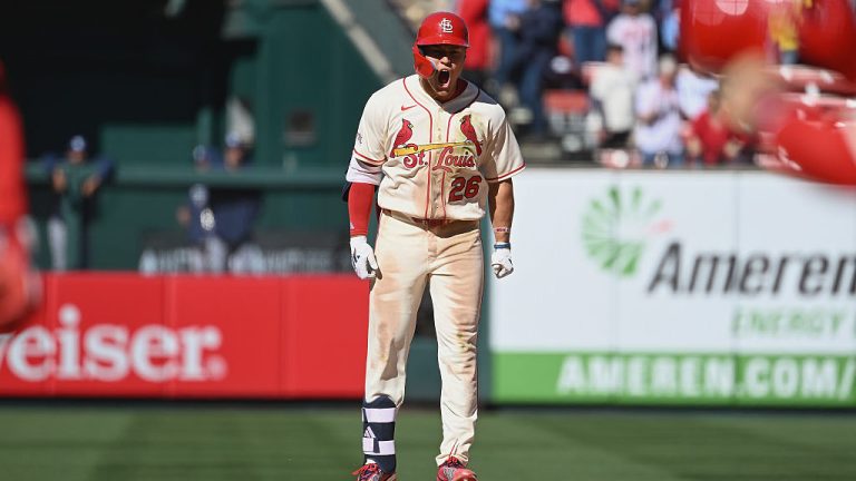 ST LOUIS, MISSOURI - MARCH 28: JJ Wetherholt #26 of the St. Louis Cardinals celebrates after hitting a walk-off two run single against the Tampa Bay Rays in the tenth inning at Busch Stadium on March 28, 2026 in St Louis, Missouri. (Photo by Joe Puetz/Getty Images)