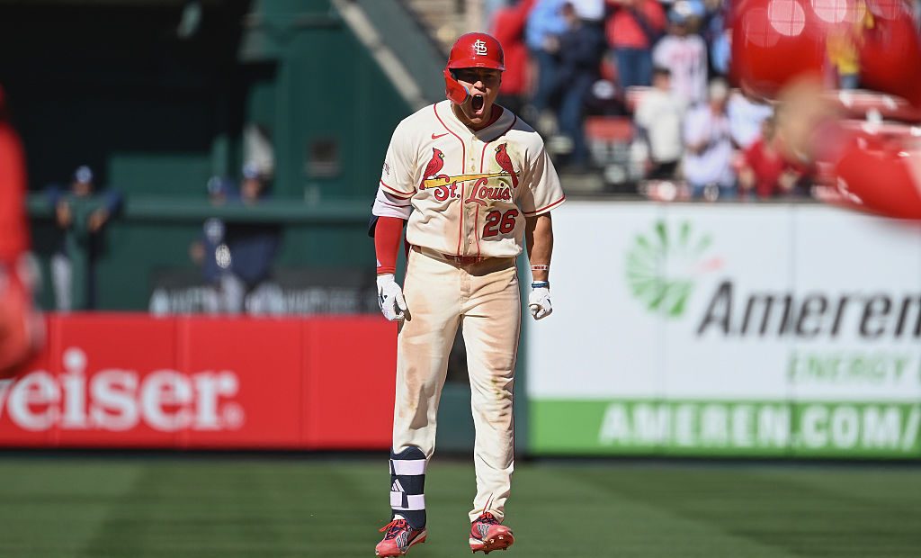 ST LOUIS, MISSOURI - MARCH 28: JJ Wetherholt #26 of the St. Louis Cardinals celebrates after hitting a walk-off two run single against the Tampa Bay Rays in the tenth inning at Busch Stadium on March 28, 2026 in St Louis, Missouri. (Photo by Joe Puetz/Getty Images)