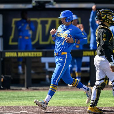 IOWA CITY, IOWA - MARCH 28, 2026: Roch Cholowsky #1 of the UCLA Bruins scores on a single hit by Will Gasparino during the fourth inning against the Iowa Hawkeyes at Duane Banks Field on March 28, 2026 in Iowa City, Iowa. (Photo by Luke Lu/Diamond Images via Getty Images)