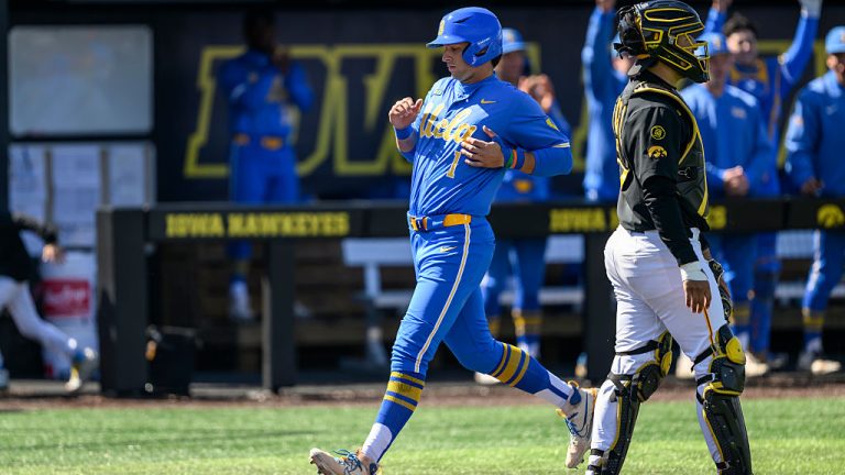 IOWA CITY, IOWA - MARCH 28, 2026: Roch Cholowsky #1 of the UCLA Bruins scores on a single hit by Will Gasparino during the fourth inning against the Iowa Hawkeyes at Duane Banks Field on March 28, 2026 in Iowa City, Iowa. (Photo by Luke Lu/Diamond Images via Getty Images)