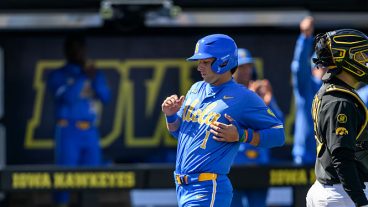 IOWA CITY, IOWA - MARCH 28, 2026: Roch Cholowsky #1 of the UCLA Bruins scores on a single hit by Will Gasparino during the fourth inning against the Iowa Hawkeyes at Duane Banks Field on March 28, 2026 in Iowa City, Iowa. (Photo by Luke Lu/Diamond Images via Getty Images)