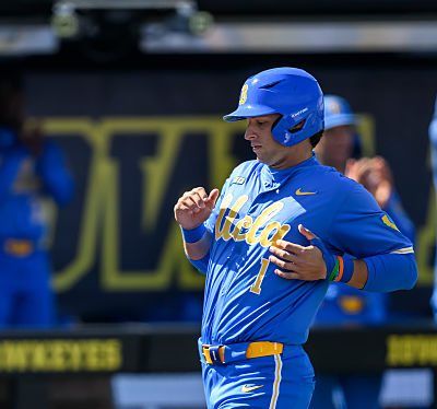IOWA CITY, IOWA - MARCH 28, 2026: Roch Cholowsky #1 of the UCLA Bruins scores on a single hit by Will Gasparino during the fourth inning against the Iowa Hawkeyes at Duane Banks Field on March 28, 2026 in Iowa City, Iowa. (Photo by Luke Lu/Diamond Images via Getty Images)