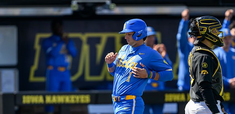IOWA CITY, IOWA - MARCH 28, 2026: Roch Cholowsky #1 of the UCLA Bruins scores on a single hit by Will Gasparino during the fourth inning against the Iowa Hawkeyes at Duane Banks Field on March 28, 2026 in Iowa City, Iowa. (Photo by Luke Lu/Diamond Images via Getty Images)