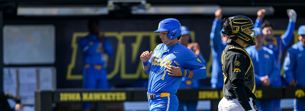 IOWA CITY, IOWA - MARCH 28, 2026: Roch Cholowsky #1 of the UCLA Bruins scores on a single hit by Will Gasparino during the fourth inning against the Iowa Hawkeyes at Duane Banks Field on March 28, 2026 in Iowa City, Iowa. (Photo by Luke Lu/Diamond Images via Getty Images)