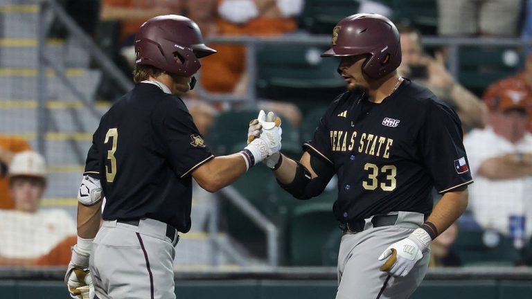 AUSTIN, TX - MARCH 31: Infielder Manny Salas #33 of the Texas State Bobcats gets a high five from teammate infielder Dawson Park #3 of the Texas State Bobcats after hitting a home run during the college baseball game between Texas Longhorns and Texas State Bobcats on March 31, 2026, at UFCU Disch-Falk Field in Austin, Texas. (Photo by David Buono/Icon Sportswire via Getty Images)