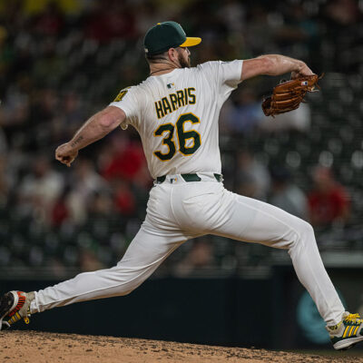 SACRAMENTO, CALIFORNIA - SEPTEMBER 13: Hogan Harris #36 of the Athletics pitching in the top of the ninth inning against the Cincinnati Reds at Sutter Health Park on September 13, 2025 in Sacramento, California. (Photo by Justine Willard/Athletics/Getty Images)