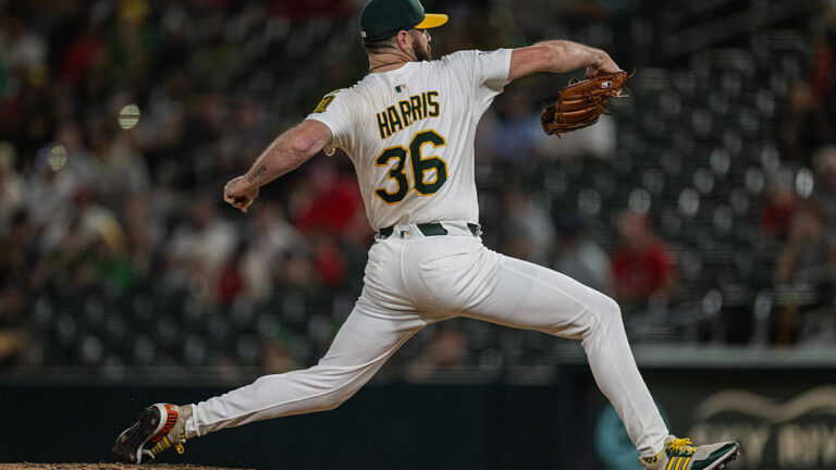 SACRAMENTO, CALIFORNIA - SEPTEMBER 13: Hogan Harris #36 of the Athletics pitching in the top of the ninth inning against the Cincinnati Reds at Sutter Health Park on September 13, 2025 in Sacramento, California. (Photo by Justine Willard/Athletics/Getty Images)