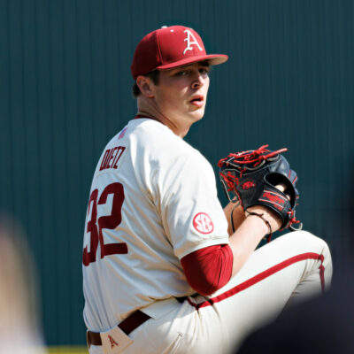 FAYETTEVILLE, ARKANSAS - MARCH 30: Hunter Dietz #32 of the Arkansas Razorbacks throws a pitch during the game against the LSU Tigers at Baum-Walker Stadium at George Cole Field on March 30, 2024 in Fayetteville, Arkansas. The Razorbacks defeated the Tigers 7-5. (Photo by Wesley Hitt/Getty Images)