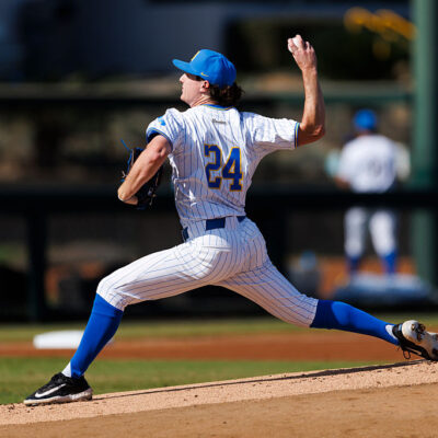 LOS ANGELES, CALIFORNIA - NOVEMBER 1: Logan Reddemann #24 of UCLA Bruins pitches during the game against UC Irvine Anteaters at Jackie Robinson Stadium on November 1, 2025 in Los Angeles, California. (Photo by Ric Tapia/Getty Images)