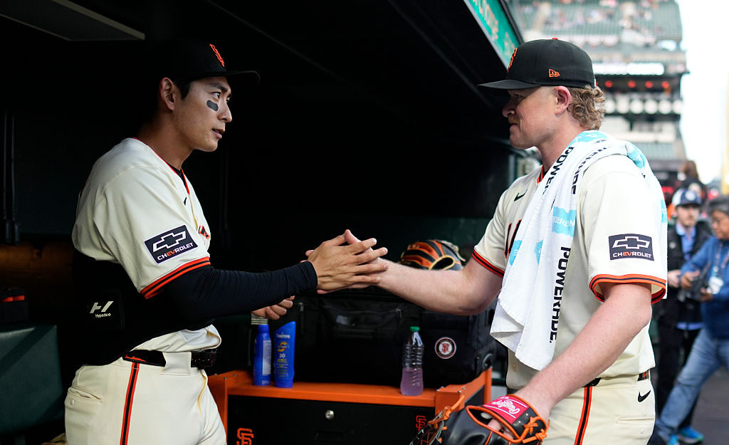 SAN FRANCISCO, CALIFORNIA - APRIL 7: Jung Hoo Lee #51 and Logan Webb #62 of the San Francisco Giants prepare for the game at Oracle Park on April 7, 2025 in San Francisco, California. (Photo by Suzanna Mitchell/San Francisco Giants/Getty Images)