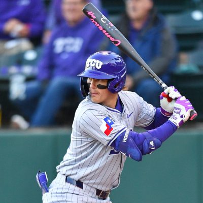 LOS ANGELES, CA - FEBRUARY 20: Sawyer Strosnider #10 of TCU Horned Frogs at bat during the game against the UCLA Bruins at Jackie Robinson Stadium on February 20, 2026 in Los Angeles, California. (Photo by Brian Rothmuller/Icon Sportswire via Getty Images)