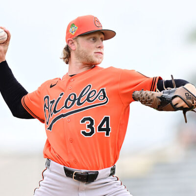 BRADENTON, FLORIDA - FEBRUARY 27: Shane Baz #34 of the Baltimore Orioles delivers a pitch in the first inning against the Pittsburgh Pirates during a Grapefruit League spring training game at LECOM Park on February 27, 2026 in Bradenton, Florida. (Photo by Julio Aguilar/Getty Images)