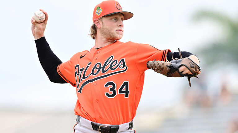 BRADENTON, FLORIDA - FEBRUARY 27: Shane Baz #34 of the Baltimore Orioles delivers a pitch in the first inning against the Pittsburgh Pirates during a Grapefruit League spring training game at LECOM Park on February 27, 2026 in Bradenton, Florida. (Photo by Julio Aguilar/Getty Images)