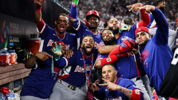 MIAMI, FLORIDA - MARCH 11: Fernando Tatis Jr. of the Dominican Republic celebrates with teammates Vladimir Guerrero Jr. #27Geraldo Perdomo #2, Manny MacHado #3 , and Julio Rodríguez #44 after hitting a home run during the fourth inning against Venezuela at loanDepot park on March 11, 2026 in Miami, Florida. (Photo by Carmen Mandato/Getty Images)