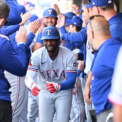 PHILADELPHIA, PA - MARCH 29: Texas Rangers designated hitter Andrew McCutchen celebrates his three run home run during the game between the Philadelphia Phillies and the Texas Rangers on March 29th, 2025 at Citizens Bank Park in Philadelphia, PA. (Photo by Terence Lewis/Icon Sportswire via Getty Images)