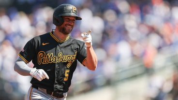 NEW YORK, NEW YORK - MARCH 26: Brandon Lowe #5 of the Pittsburgh Pirates reacts to hitting a 2-run home run during the first inning against the Pittsburgh Pirates on Opening Day at Citi Field on March 26, 2026 in the Queens borough of New York City. (Photo by Ishika Samant/Getty Images)