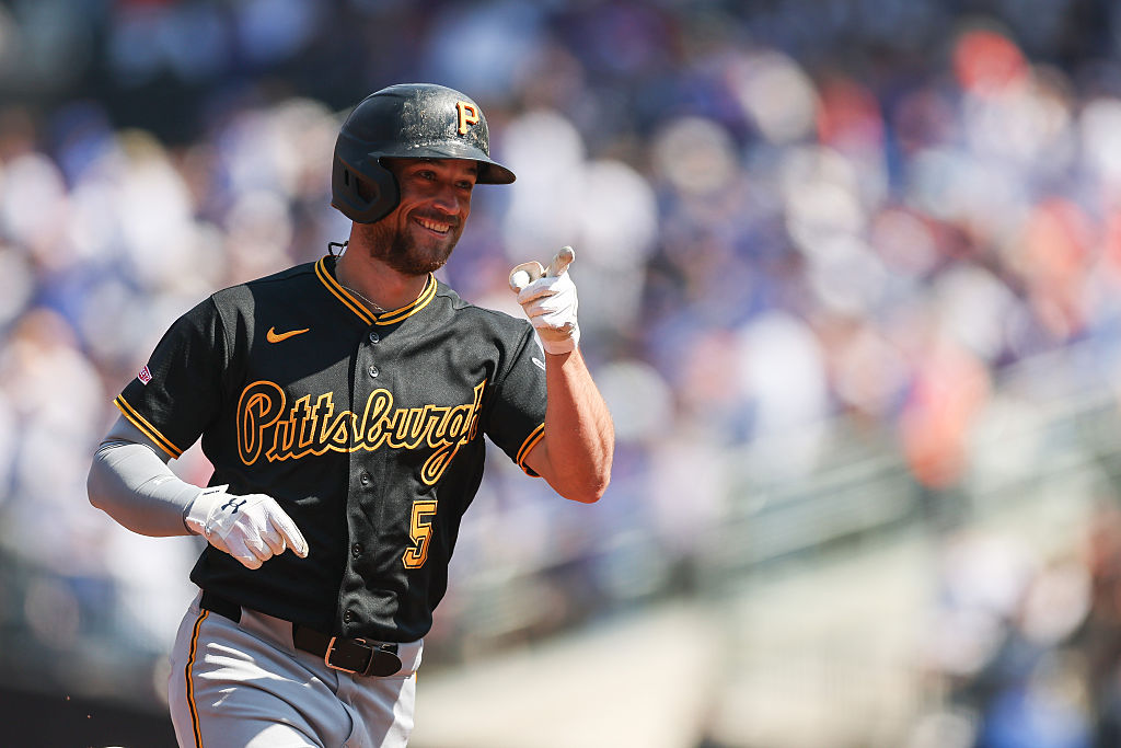 NEW YORK, NEW YORK - MARCH 26: Brandon Lowe #5 of the Pittsburgh Pirates reacts to hitting a 2-run home run during the first inning against the Pittsburgh Pirates on Opening Day at Citi Field on March 26, 2026 in the Queens borough of New York City. (Photo by Ishika Samant/Getty Images)