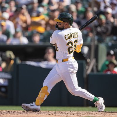 SACRAMENTO, CALIFORNIA - APRIL 5: Carlos Cortes #26 of the Athletics hits a rbi single in the bottom of the seventh inning against the Houston Astros at Sutter Health Park on April 5, 2026 in Sacramento, California. (Photo by Justine Willard/Athletics/Getty Images)