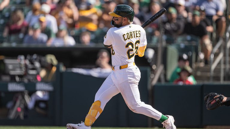 SACRAMENTO, CALIFORNIA - APRIL 5: Carlos Cortes #26 of the Athletics hits a rbi single in the bottom of the seventh inning against the Houston Astros at Sutter Health Park on April 5, 2026 in Sacramento, California. (Photo by Justine Willard/Athletics/Getty Images)