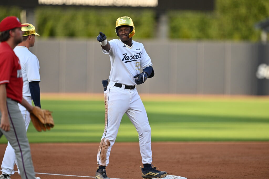 Vahn Lackey points to his teammates in the dugout following his 2nd inning triple on Tuesday, March 10th, 2026. Photo Courtesy of Georgia Tech Athletics.