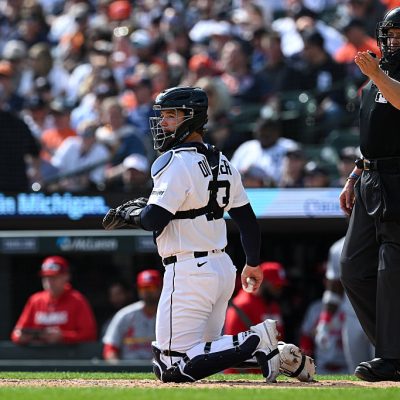DETROIT, MI - APRIL 03: Dillon Dingler #13 of the Detroit Tigers and umpire Carlos Torres look on during the game between the St. Louis Cardinals and the Detroit Tigers at Comerica Park on Friday, April 3, 2026 in Detroit, Michigan. (Photo by Carl Jones II/MLB Photos via Getty Images)