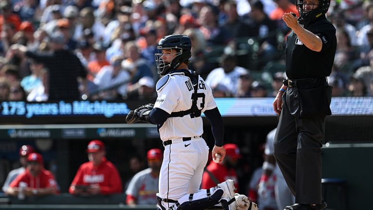 DETROIT, MI - APRIL 03: Dillon Dingler #13 of the Detroit Tigers and umpire Carlos Torres look on during the game between the St. Louis Cardinals and the Detroit Tigers at Comerica Park on Friday, April 3, 2026 in Detroit, Michigan. (Photo by Carl Jones II/MLB Photos via Getty Images)