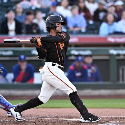 SCOTTSDALE, ARIZONA - MARCH 15, 2025: Jhonny Level #18 of the San Francisco Giants bats during the second inning of a spring training Spring Breakout game against the Texas Rangers at Scottsdale Stadium on March 15, 2025 in Scottsdale, Arizona. (Photo by Chris Bernacchi/Diamond Images via Getty Images)
