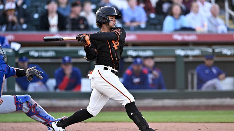 SCOTTSDALE, ARIZONA - MARCH 15, 2025: Jhonny Level #18 of the San Francisco Giants bats during the second inning of a spring training Spring Breakout game against the Texas Rangers at Scottsdale Stadium on March 15, 2025 in Scottsdale, Arizona. (Photo by Chris Bernacchi/Diamond Images via Getty Images)