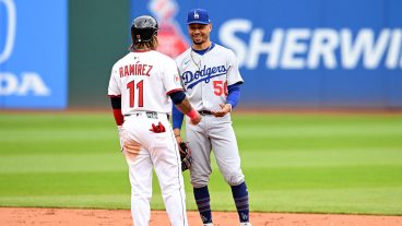 CLEVELAND, OHIO - MAY 28: Mookie Betts #50 of the Los Angeles Dodgers talks with José Ramírez #11 of the Cleveland Guardians during the first inning at Progressive Field on May 28, 2025 in Cleveland, Ohio. (Photo by Nick Cammett/Diamond Images via Getty Images)