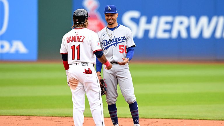 CLEVELAND, OHIO - MAY 28: Mookie Betts #50 of the Los Angeles Dodgers talks with José Ramírez #11 of the Cleveland Guardians during the first inning at Progressive Field on May 28, 2025 in Cleveland, Ohio. (Photo by Nick Cammett/Diamond Images via Getty Images)