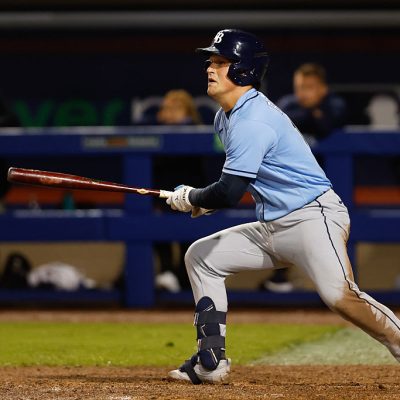 PORT ST. LUCIE, FL - MARCH 19: Caden Bodine #18 of the Tampa Bay Rays hits a single in the ninth inning during the game between the Tampa Bay Rays and the New York Mets at Clover Park on Thursday, March 19, 2026 in Port St. Lucie, Florida. (Photo by Scott Audette/MLB Photos via Getty Images)