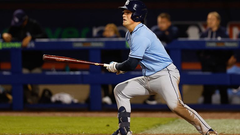 PORT ST. LUCIE, FL - MARCH 19: Caden Bodine #18 of the Tampa Bay Rays hits a single in the ninth inning during the game between the Tampa Bay Rays and the New York Mets at Clover Park on Thursday, March 19, 2026 in Port St. Lucie, Florida. (Photo by Scott Audette/MLB Photos via Getty Images)