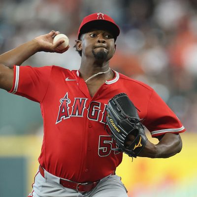 HOUSTON, TEXAS - MARCH 26: José Soriano #59 of the Los Angeles Angels pitches in the first inning against the Houston Astros on Opening Day at Daikin Park on March 26, 2026 in Houston, Texas. (Photo by Tim Warner/Getty Images)