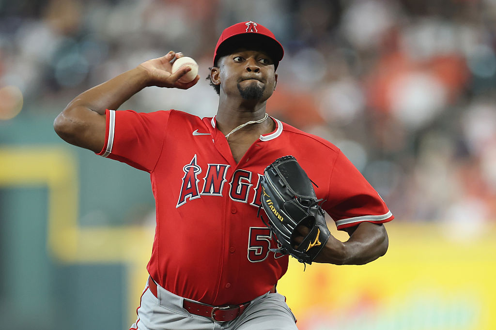 HOUSTON, TEXAS - MARCH 26: José Soriano #59 of the Los Angeles Angels pitches in the first inning against the Houston Astros on Opening Day at Daikin Park on March 26, 2026 in Houston, Texas. (Photo by Tim Warner/Getty Images)