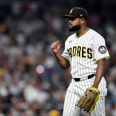 SAN DIEGO, CALIFORNIA - MARCH 28: Randy Vásquez #98 of the San Diego Padres celebrates after inducing a ground ball to end the top of the sixth inning against the Detroit Tigers at Petco Park on March 28, 2026 in San Diego, California. (Photo by Orlando Ramirez/Getty Images)