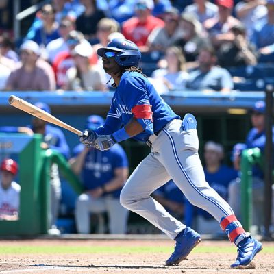 CLEARWATER, FLORIDA - MARCH 21, 2026: Charles McAdoo #26 of the Toronto Blue Jays bats during the fifth inning of a spring training Spring Breakout game against the Philadelphia Phillies at BayCare Ballpark on March 21, 2026 in Clearwater, Florida. (Photo by Nick Cammett/Diamond Images via Getty Images)