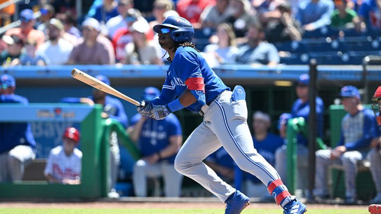 CLEARWATER, FLORIDA - MARCH 21, 2026: Charles McAdoo #26 of the Toronto Blue Jays bats during the fifth inning of a spring training Spring Breakout game against the Philadelphia Phillies at BayCare Ballpark on March 21, 2026 in Clearwater, Florida. (Photo by Nick Cammett/Diamond Images via Getty Images)