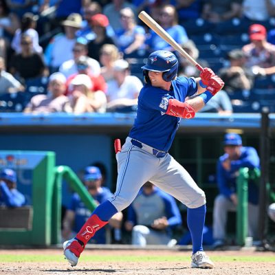 CLEARWATER, FLORIDA - MARCH 21, 2026: Jace Bohrofen #52 of the Toronto Blue Jays bats during the seventh inning of a spring training Spring Breakout game against the Philadelphia Phillies at BayCare Ballpark on March 21, 2026 in Clearwater, Florida. (Photo by Nick Cammett/Diamond Images via Getty Images)